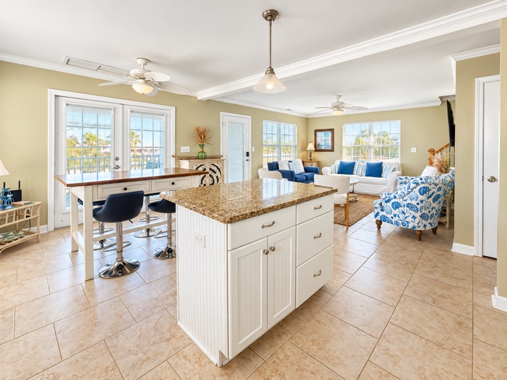 Kitchen island with the living area beyond